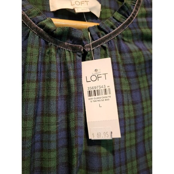 New Blue Green Plaid Lightweight Long Puff Sleeve Relaxed Fit Top Sz L - Picture 7 of 8